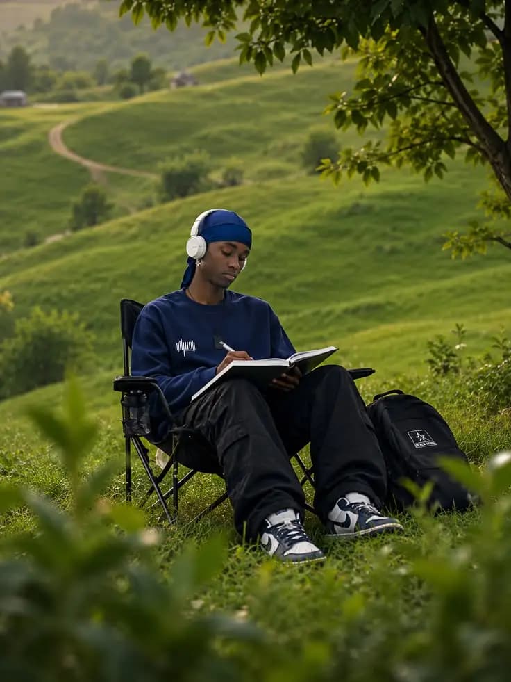 Man with white headphones writing in a notebook on a green hillside